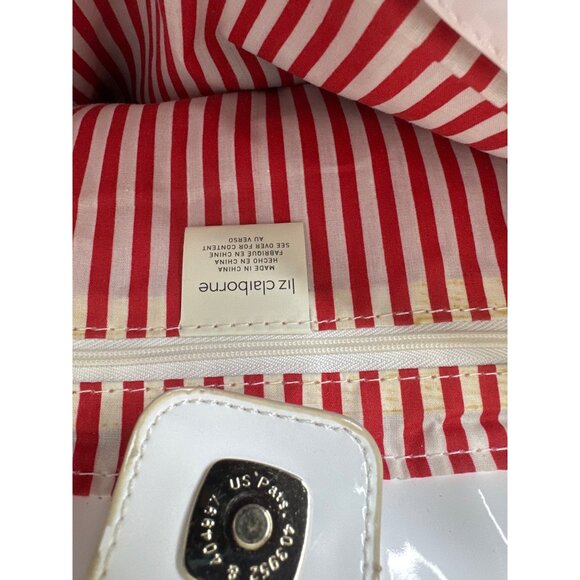 Liz Claiborne Handbag Beach Umbrella Print White Handles Red Striped Interior - Picture 7 of 11